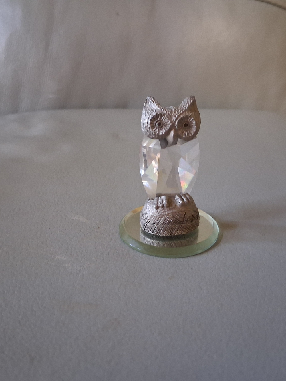 Vintage Spoontiques Pewter & Crystal Owl Figurine With Mirrored Base